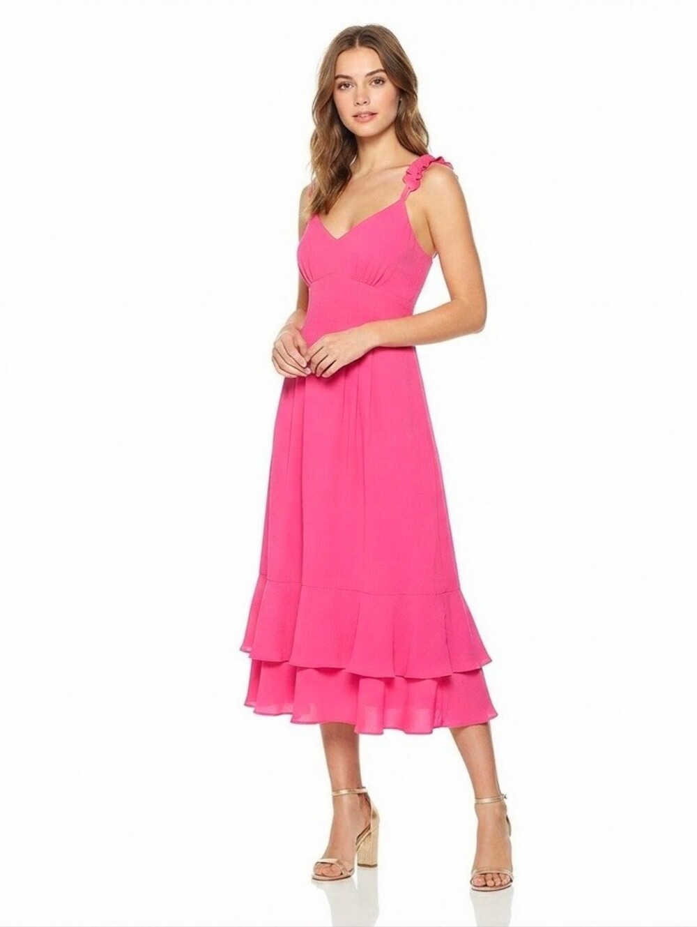 Bright Pink Ruffle-Hem Midi Dress